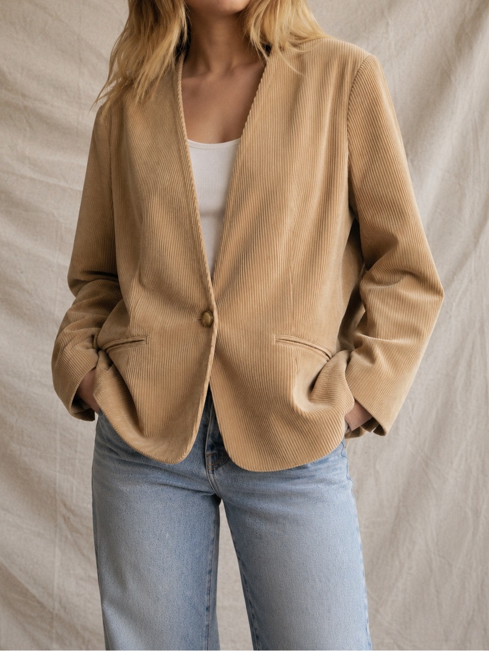 Vintage Tan Corduroy Blazer European One Button Jacket M